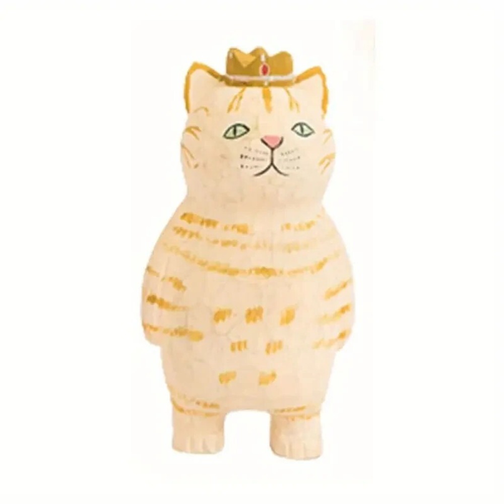 Cat Figurine with‎ Crown Wood Novelty  Modern Small Carved Figure Standing New